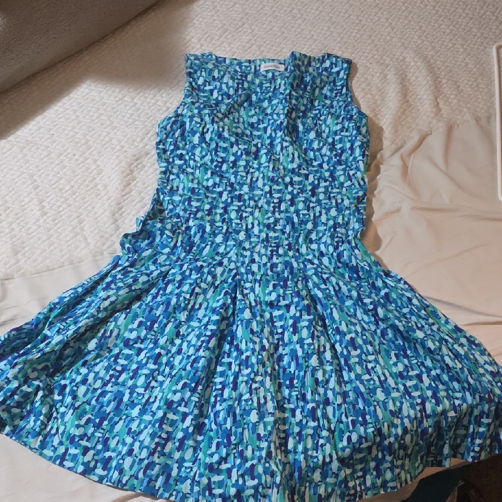 Calvin Klein Blue and Green Patterned Dress